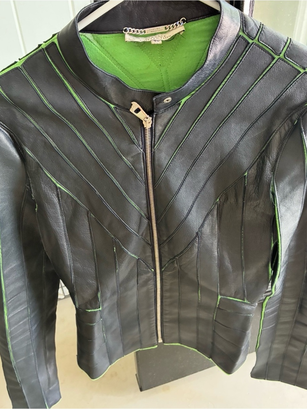 Versace Black Leather Jacket with Bright Green Piping